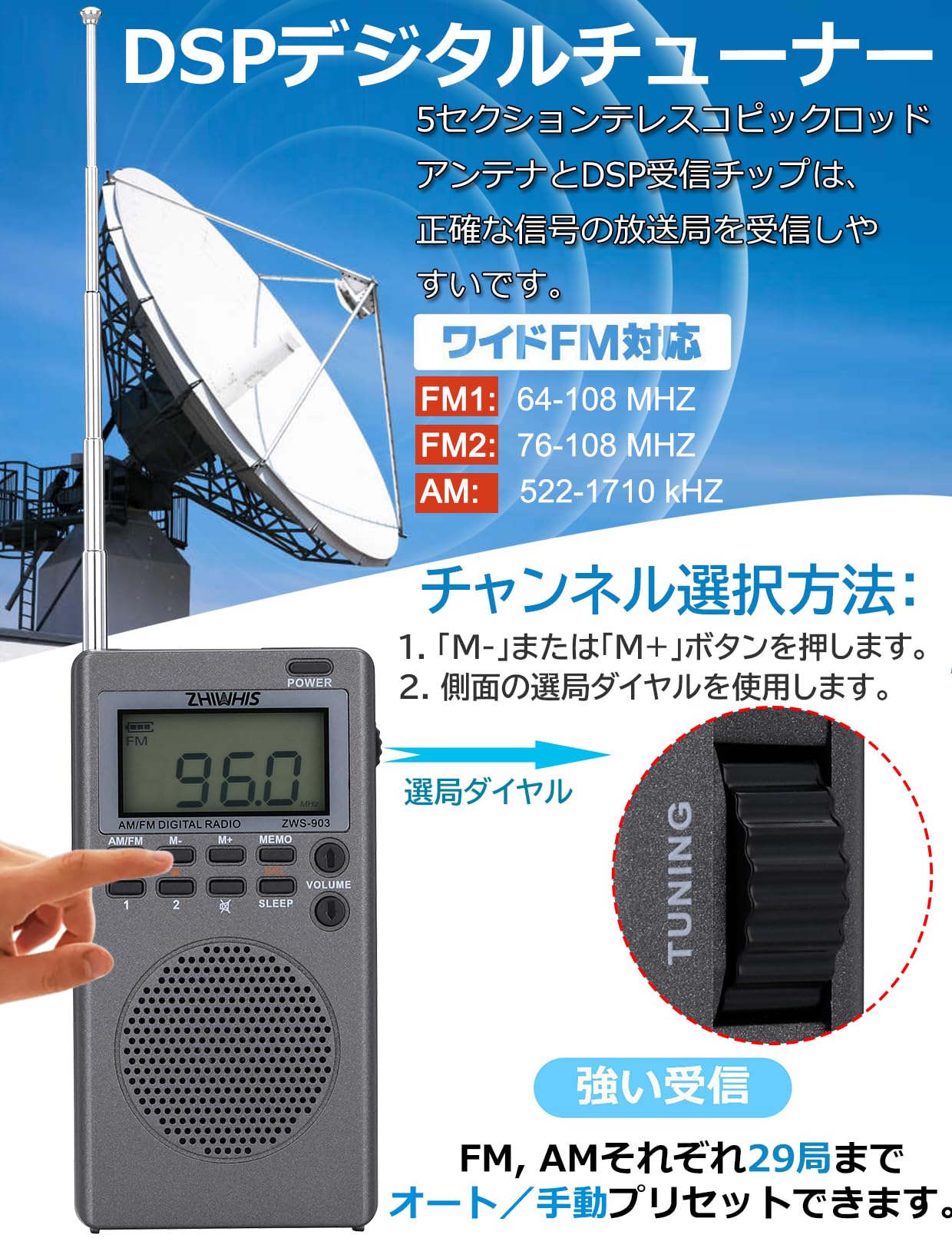 Amazon.co.jp: ZHIWHIS 防災ラジオ FM/AM/ワイドFM対応 小型